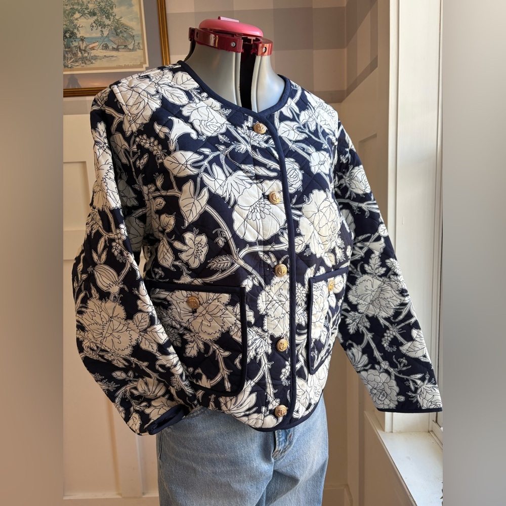 Quilted Boho Navy Floral Bomber Jacket Cotton Size Large